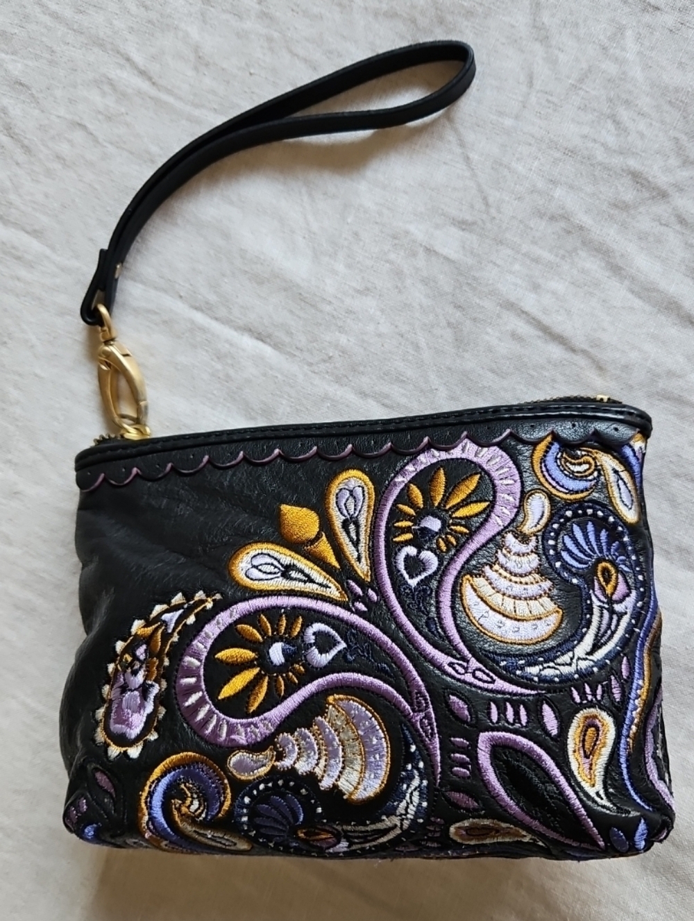 Isabella Fiore Black Leather Embroidered Wristlet Clutch With Purple and Gold